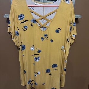Maurices Mustard Floral Criss-Cross Blouse